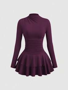 vintage de manga larga, cuello alto y cintura fruncida en color rojo para mujer, otoño/invierno - Rojo violeta - Ver 1