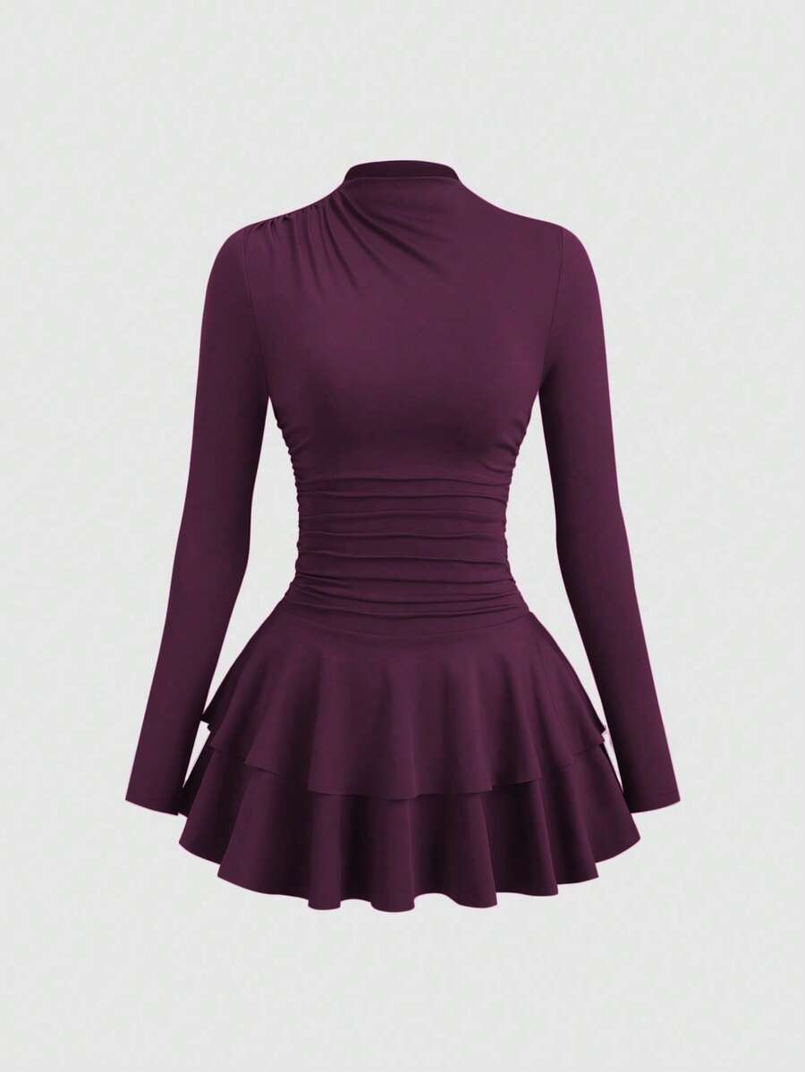 vintage de manga larga, cuello alto y cintura fruncida en color rojo para mujer, otoño/invierno - Rojo violeta - Ver 1