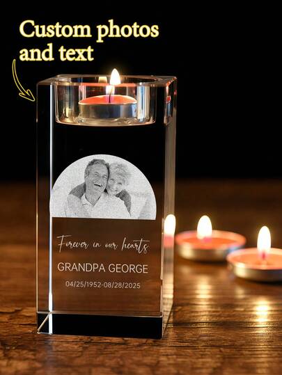 1pc Custom Laser Engraved Square Crystal Candle Holder, Personalized Upload Photo & Text Memorial Keepsake Tealight Holder, Funeral Condolence Gift For Family Grandparent, Desktop Home Decor.