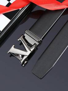 Ceinture pour homme à boucle automatique avec lettre V, noir et blanc, personnalisée, pour le travail, la taille, les pantalons, couleur unie, décontractée, pour les jeunes, la maison, les fêtes et les voyages, 120 cm, 1 pièce - Noir - Voir 5
