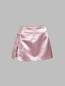 Minifalda de satén con abertura y lazo, color rosa, para uso casual - Rosa - Ver 1