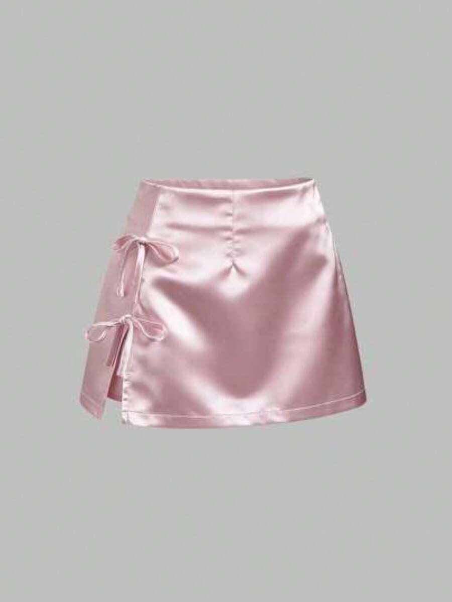 Minifalda de satén con abertura y lazo, color rosa, para uso casual - Rosa - Ver 1