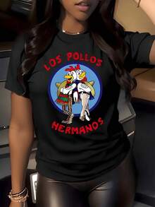 1 Piece Cartoon Chicken Brothers Graphic Print T-Shirt, 180g, Fun Cafe Themed Design, Women's Casual Crew Neck T-Shirt, 100% Cotton - 黑色 - 查看 1