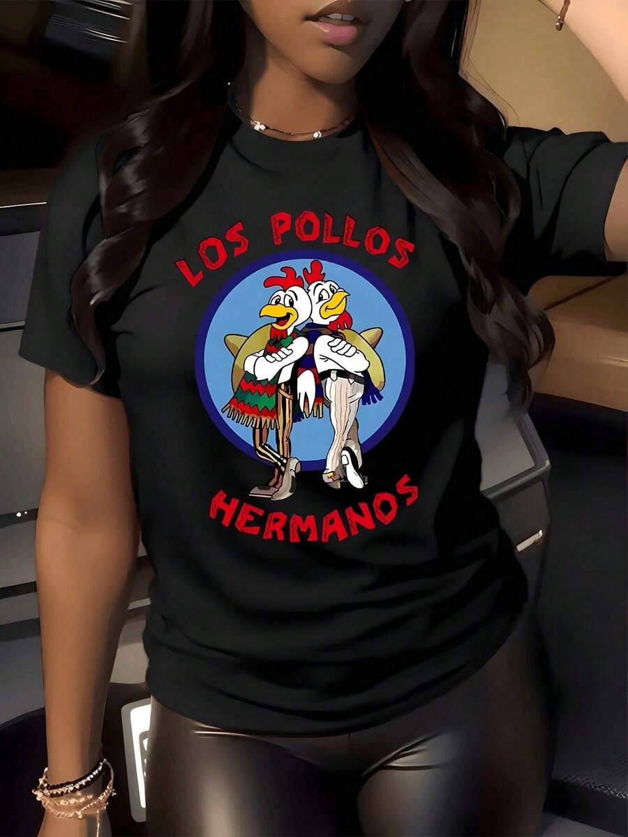 1 Piece Cartoon Chicken Brothers Graphic Print T-Shirt, 180g, Fun Cafe Themed Design, Women's Casual Crew Neck T-Shirt, 100% Cotton - 黑色 - 查看 1