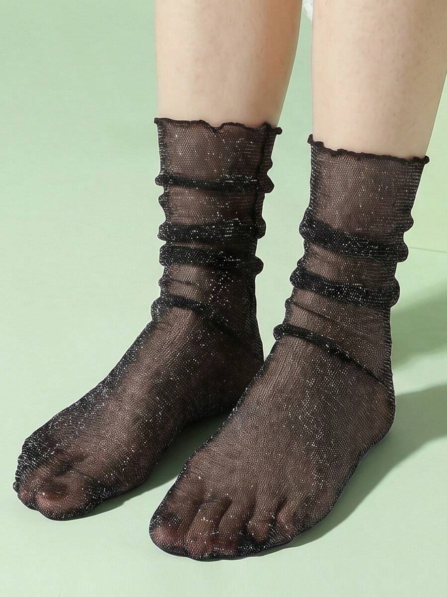 女款黑色銀色亮片網紗抓皺襪,高彈性不勒腳,成熟風百搭網短襪 - 黑色 - 查看 1