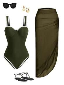 Women's Solid Color One Piece Swimsuit + Skirt, Spring/Summer Outfit - Army Green - View 1