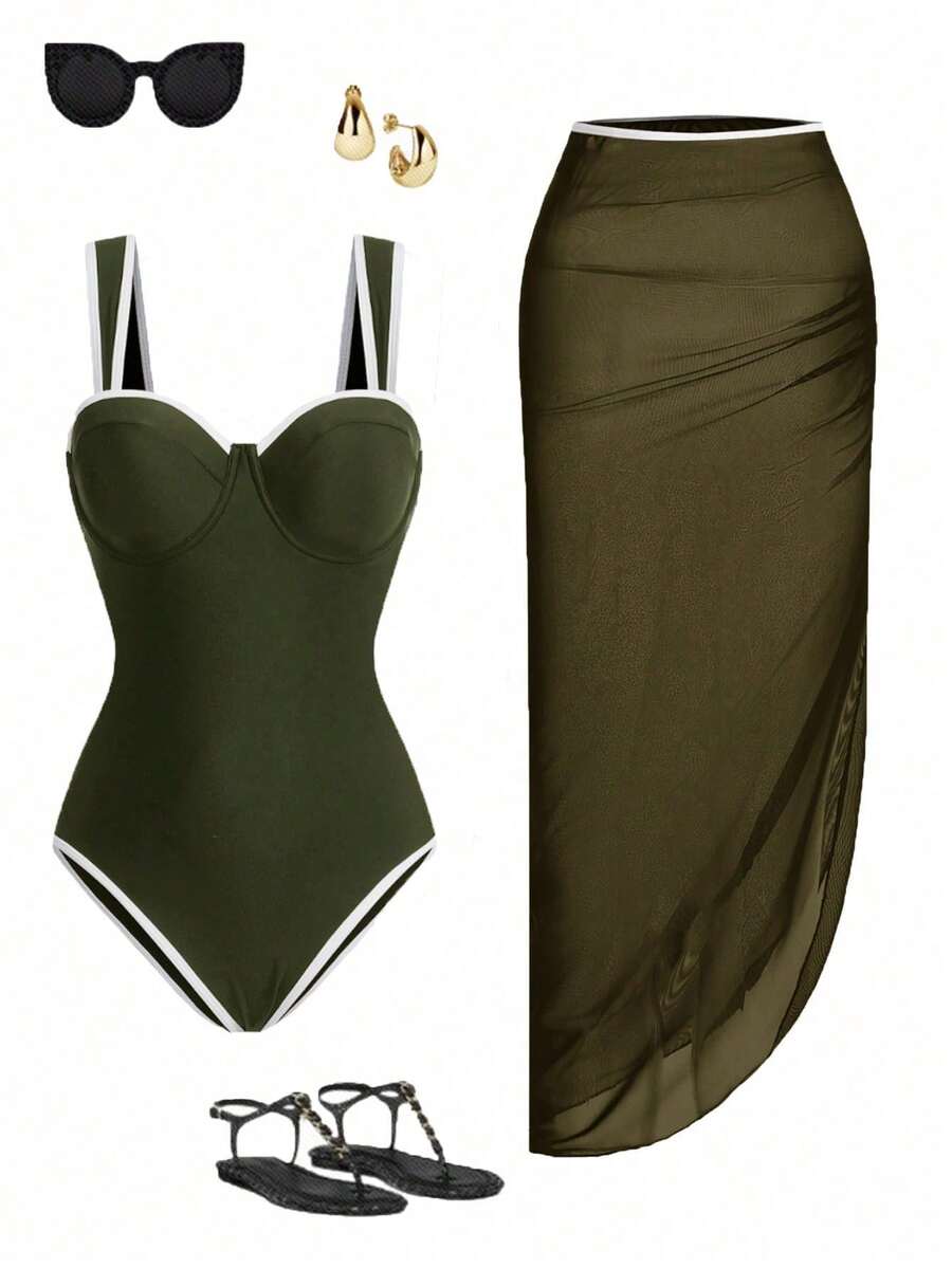Women's Solid Color One Piece Swimsuit + Skirt, Spring/Summer Outfit - Army Green - View 1