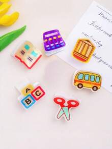 7pcs School Stationery Cartoon Acrylic Hair Clips, Cute Bus Pencil Book ABC Block Snap Barrettes, Fun Daily Hair Accessories - Multicolor - View 2