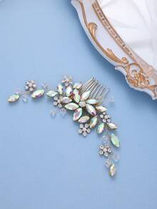 1pc Women's Colorful Rhinestone & Faux Pearl Hair Comb, Elegant Floral Bridal Hair Accessory For Wedding, Prom And Party - Color - View 2