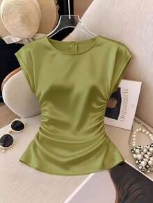 Blusa elegante de mujer con cuello redondo, cintura ceñida, plisada, de manga corta, versátil, de color melocotón claro sólido 1FPR - verde menta - Ver 1