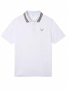 Camisa polo de manga corta con ribete a rayas para hombre, casual para ir al trabajo, verano, adecuada para golf - Blanco - Ver 2