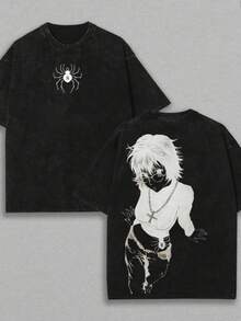 Camiseta Retro Lavada de Doble Estampado Anime Shizuku, Phantom Troupe, Unisex, de Corte Holgado, de Algodón Grueso, Exclusiva para Fanáticos y Entusiastas del Anime.,camisas para hombre,eur - Negro - Ver 1