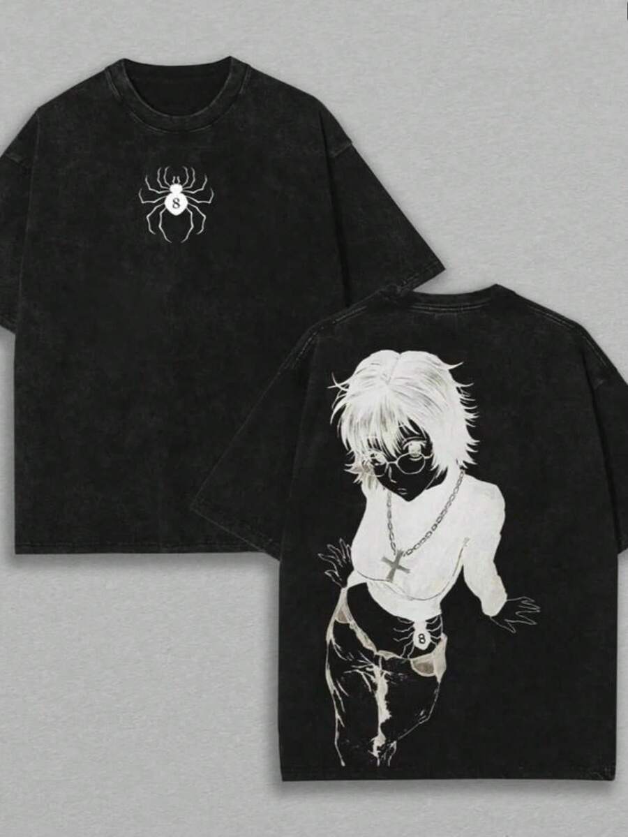 Camiseta Retro Lavada de Doble Estampado Anime Shizuku, Phantom Troupe, Unisex, de Corte Holgado, de Algodón Grueso, Exclusiva para Fanáticos y Entusiastas del Anime.,camisas para hombre,eur - Negro - Ver 1