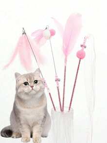4pcs Feather Decorated Cat Teaser Sticks With Bells, Interactive Cat Toys, Fairy Cat Teaser Toys, With Durable Feather, Long Handle Cat Teaser Sticks With Bells, Self-Entertainment - Multicolor - View 4