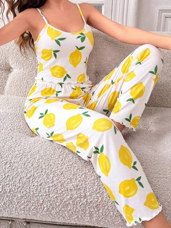 Women's Pajama Set, Orange Print Camisole Top And Cuffed Long Pants