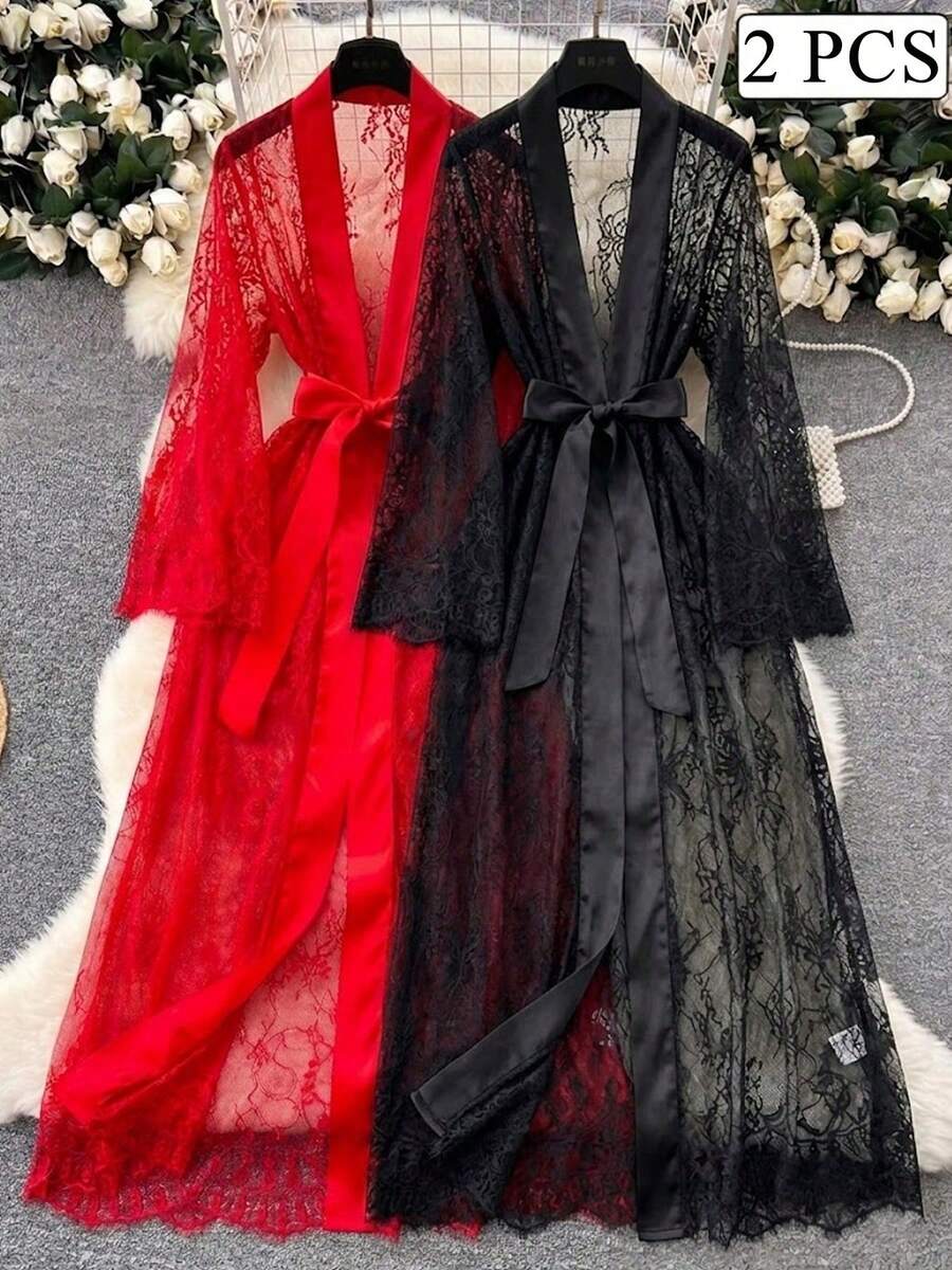 两件套透明蕾丝套装,优雅奢华浪漫,前开衩设计,舒适百搭,四季皆宜,适合派对、居家、睡衣穿着,精选礼品 - 彩色 - 查看 1