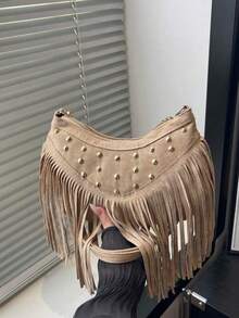 1 buah Tas Selempang Minimalis Unik Warna Polos, Bahan Suede Khaki Halus, Resleting Halus, Hiasan Rivet dan Rumbai, Cocok untuk Wanita - Khaki - View 7