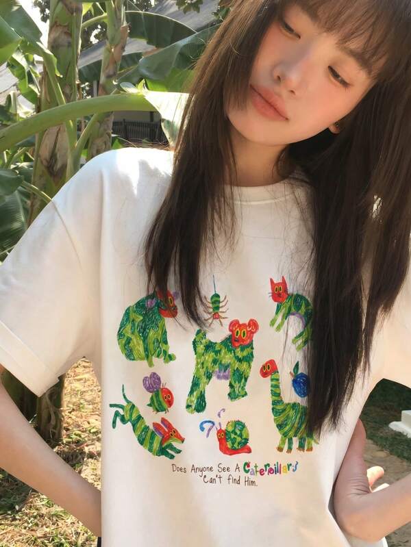 Y2K塗鴉風女款夏季新款休閒寬鬆塗鴉貓狗昆蟲可愛搞怪印花短袖T恤上衣白色
