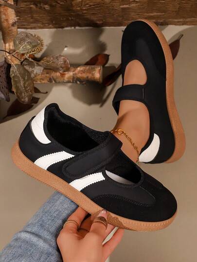 Black And White Color Block Hook And Loop Mary Jane Sneakers, Vintage Rubber Sole Casual Shoes, Preppy Versatile Flat Women Loafers