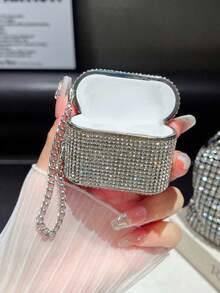 2000s Y2K Style Silver Rhinestone Wireless Shockproof Earphone Charging Case, Compatible With AirPods Pro 2/4/3.5, With Chain, Compatible With AirPods Pro 3 - Silver - View 3