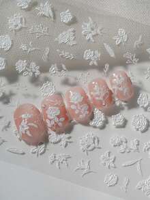 1pc Minimalist Pure White Embossed Floral 6D 3D Nail Art Sticker, Full Coverage Raised White Roses, Lilies, Branches And Vines With Handwritten Cursive English, Clean Matte White, Transparent Base Film, Suitable For Cool Commute Nude Nails, Bridal Wedding Looks, High-End Minimalist Salon Creations, Ideal For Office Workers, Brides, Nail Art DIY Enthusiasts Who Love Elegant Atmosphere And Light Vintage Floral Style - White - View 8