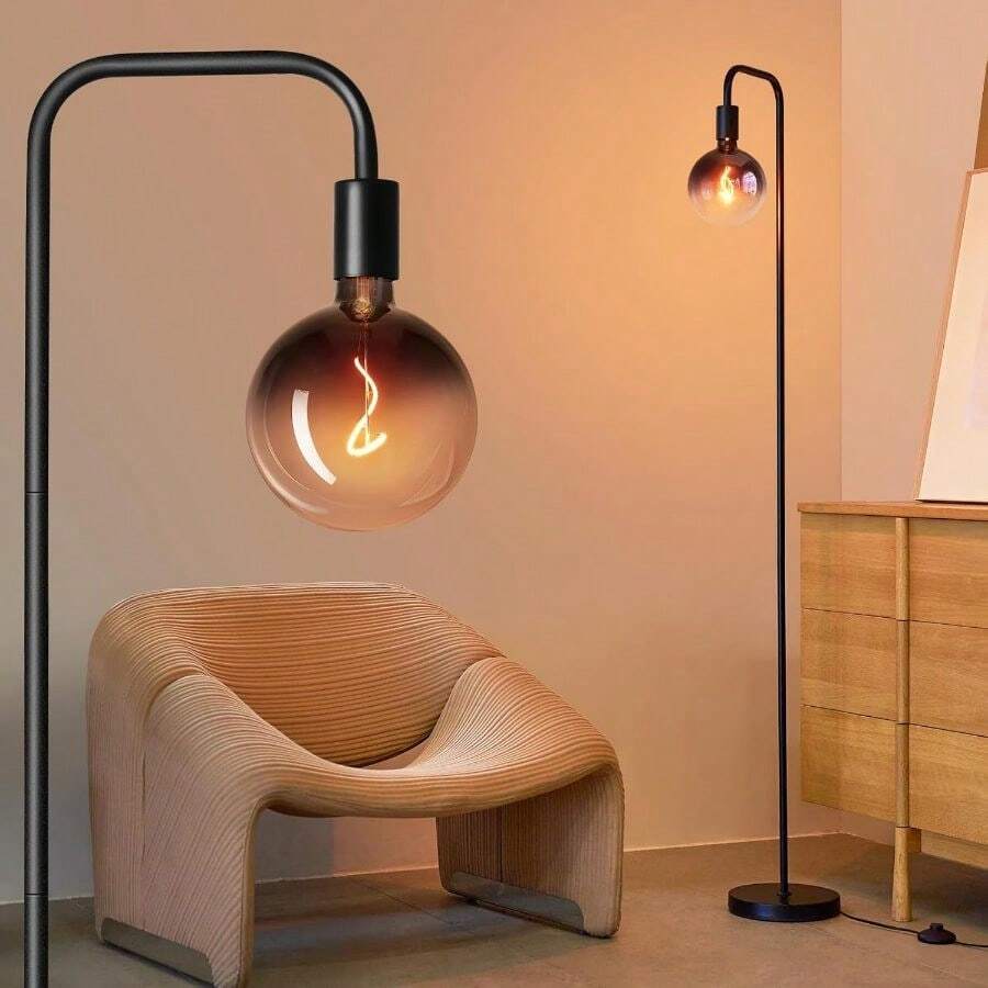 ONEWISH Living Room Floor Lamp, Minimalist Industrial Floor Lamp With Modern LED Spotlight, 6-Inch Black Clear Glass Globe, 1800K Warm Ambient Lighting, Decorative Tall Floor Lamp For Bedroom And Office - 1800K - 查看 1