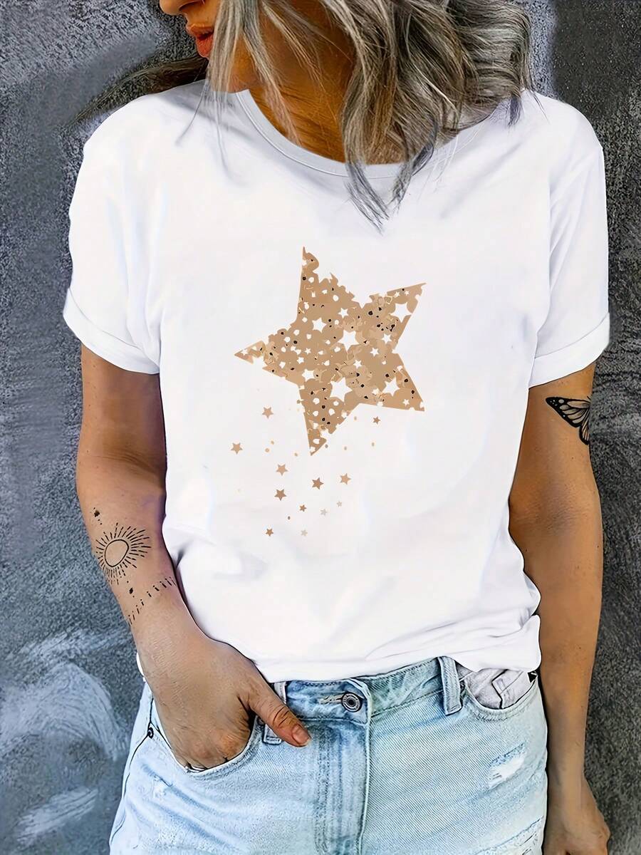 Custom T-Shirt With Five-Pointed Star Print, Y2K Style, Comfortable, Loose And Casual, Suitable For Work, Going Out And Home Use, Spring/Summer T-Shirt For Me - White - View 1