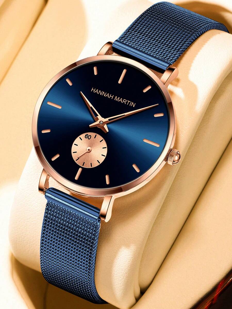 HANNAH MARTIN Exquisite Blue Women Watch Small Circular Second Hand,Fashion Waterproof Stainless Steel Mesh Strap Watch For Women,Suitable For Business&Dinner Wear
