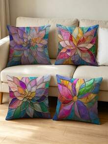 4pcs Colorful Stained Glass Lotus & Dahlia Print Pillow Covers, Art Nouveau Gold Line Mosaic Art Square Decorative Cushion Covers, Suitable For Living Room, Bedroom, Wedding, Bridal Shower, Housewarming, All-Season Home Decor - Multicolor - View 1