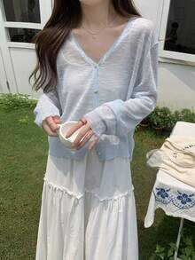 Spring/Summer V-Neck Loose Thin Casual Versatile Sun Protection Knit Cardigan Top For Women - Baby Blue - View 8