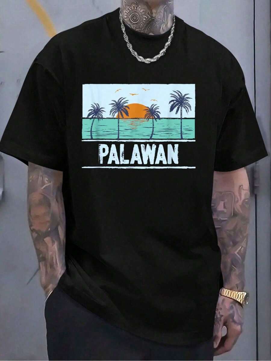 Camiseta 100% Algodón Retro de Palawan, Filipinas, con Diseño de Atardecer Tropical en la Playa - Negro - Ver 1