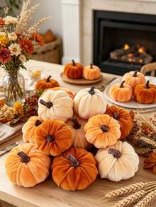 12pcs Artificial Velvet Foam Pumpkin Decor, Autumn Home Farmhouse Harvest Thanksgiving Decoration - Multicolor - View 2