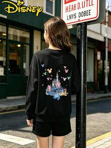Teen Girl Clothes Disney Lilo And Stitch Castle Mickey Balloon Print Loose Fit Crewneck Sweatshirt - 黑色 - 查看 3