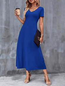 Casual V-Neck Short Sleeve Dress With Pockets. Solid Color, Machine Washable, Versatile For All Seasons. - 藍色 - 查看 3