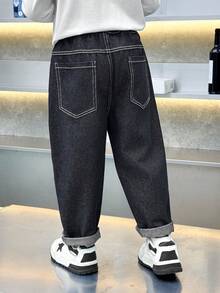Boys' Toddler All-Season Elastic Waist Loose Fit Solid Color Contrast Stitch Denim Jeans Pants For Daily, School, Outdoor Wear - Dark Wash - View 1