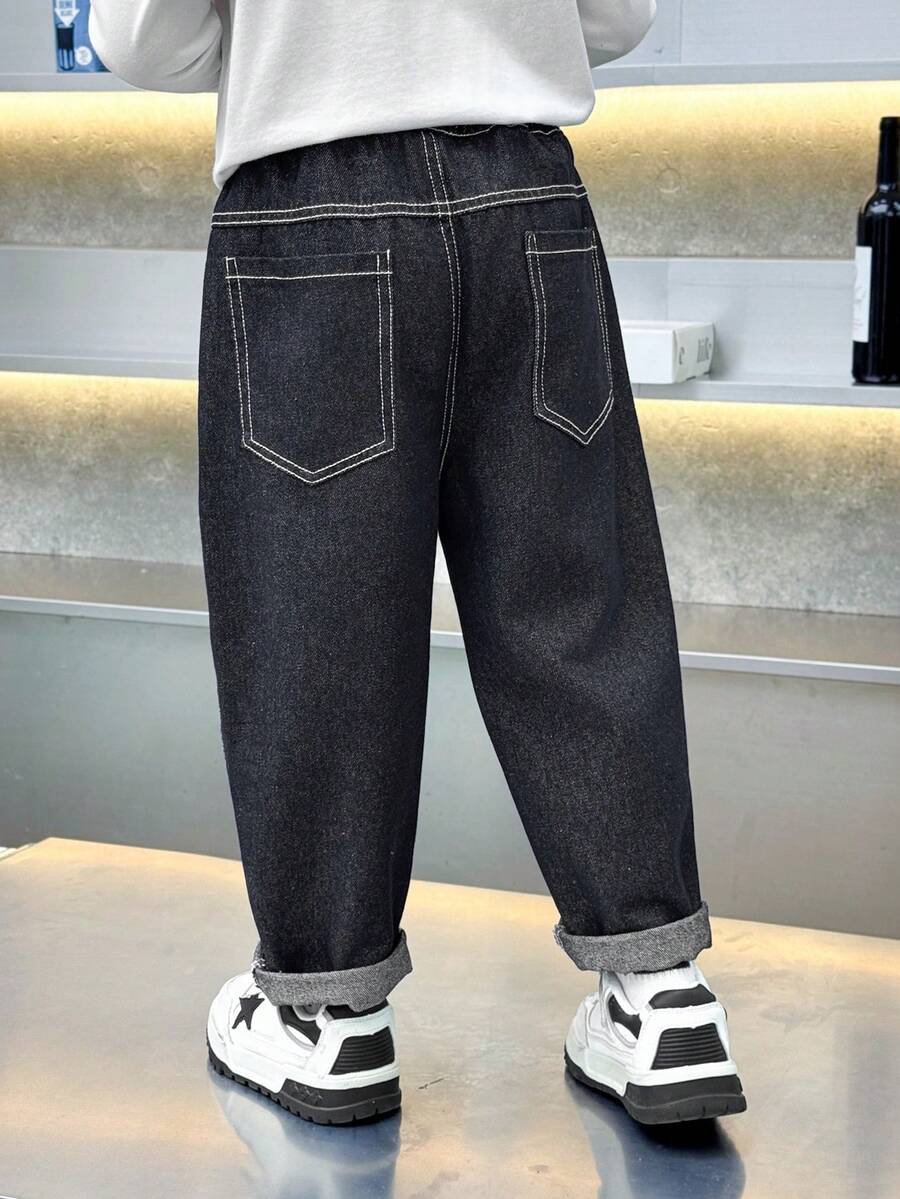 Boys' Toddler All-Season Elastic Waist Loose Fit Solid Color Contrast Stitch Denim Jeans Pants For Daily, School, Outdoor Wear - Dark Wash - View 1