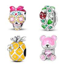 1 peça pulseira de contas estilo Dopamina Sweet Cool em prata esterlina S925 de baixa alergia, com caveira rosa, ananás, urso e trevo de quatro folhas verde, adequada para pulseira original, para fazer joias DIY femininas, presente de aniversário - Multicolorido - Ver 12