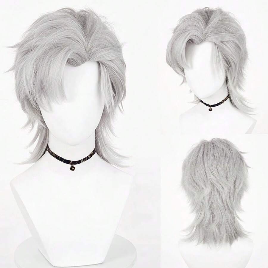 Anime Game Cosplay Grey Synthetic Wig Short Straight Men Fluffy Heat Resistant Wig For Daily Party - Light Grey - View 1