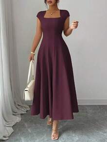 Nuevo y elegante vestido largo de manga corta y cuello cuadrado. - Verde - Ver 9