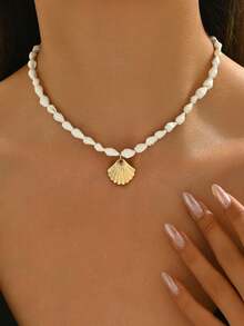 pieza de collar de cuentas hecho mano con conchas marinas naturales blancas, estilo isleñ, diseñmoderno con colgante de concha dorada, adecuado para que las mujeres lo usen en vacacio - Multicolor 11 - Ver 1