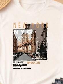 Camiseta de manga corta con cuello redondo para mujer, 1 pieza, 3 colores disponibles, gris, blanco, negro, estampado gráfico 100% del puente de Brooklyn, Nueva York, adecuada para uso diari - Negro - Ver 1