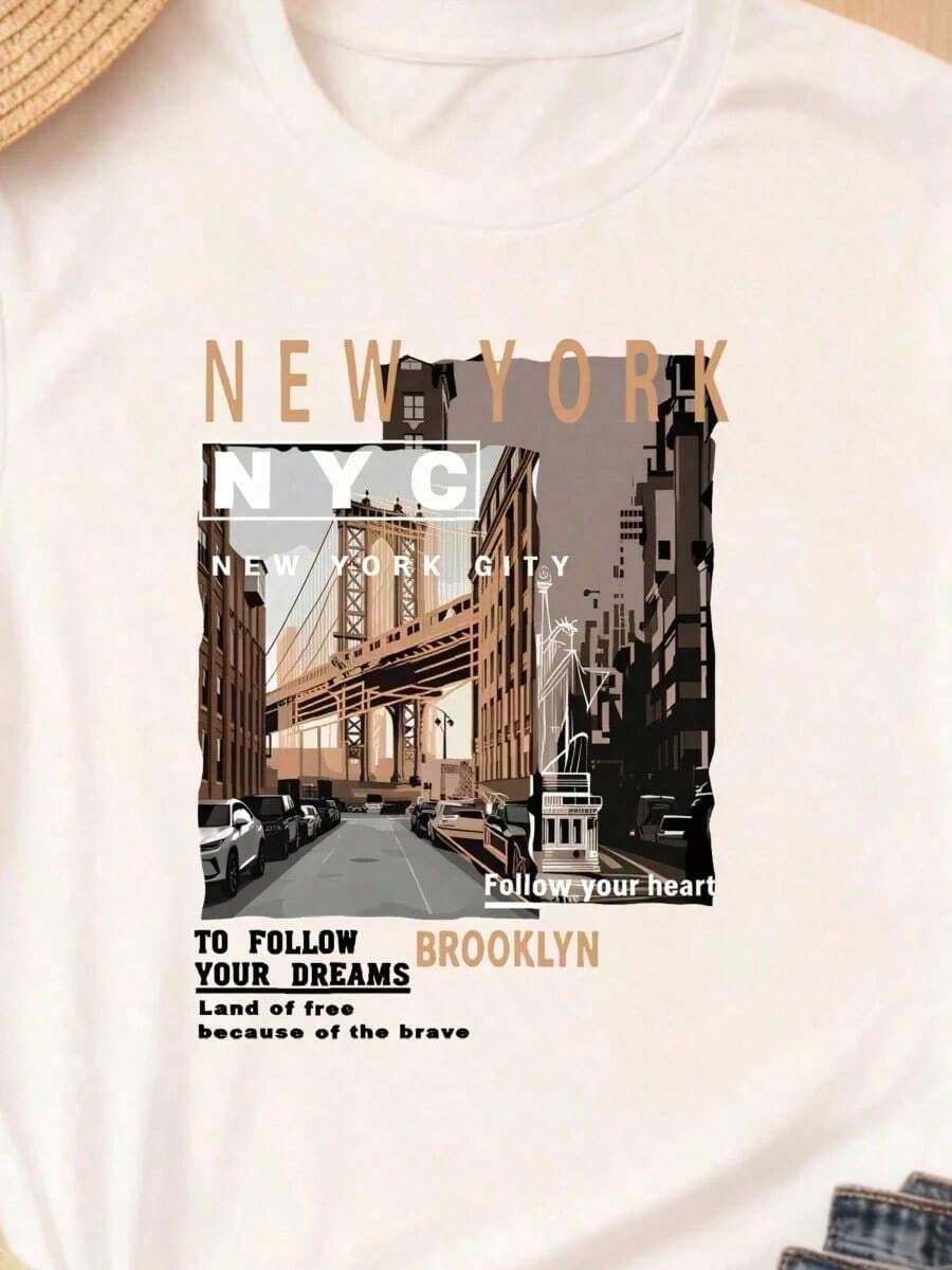 Camiseta de manga corta con cuello redondo para mujer, 1 pieza, 3 colores disponibles, gris, blanco, negro, estampado gráfico 100% del puente de Brooklyn, Nueva York, adecuada para uso diari - Negro - Ver 1