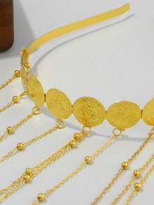 1pc Gold Positioning Bead Chain Tassel Coin Pendant Women's Hair Accessory Jewelry Headband Bridal Wedding Jewelry Head Chain (Random Number Of Positioning Beads On Chain) - Gold - View 5