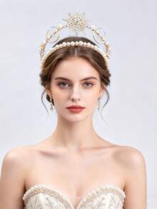 1pc Bridal Rhinestone Crown Pentagram Moon Tiara Faux Pearl Headpiece Party Evening Dress Decoration, Coronas - Multicolor - View 3