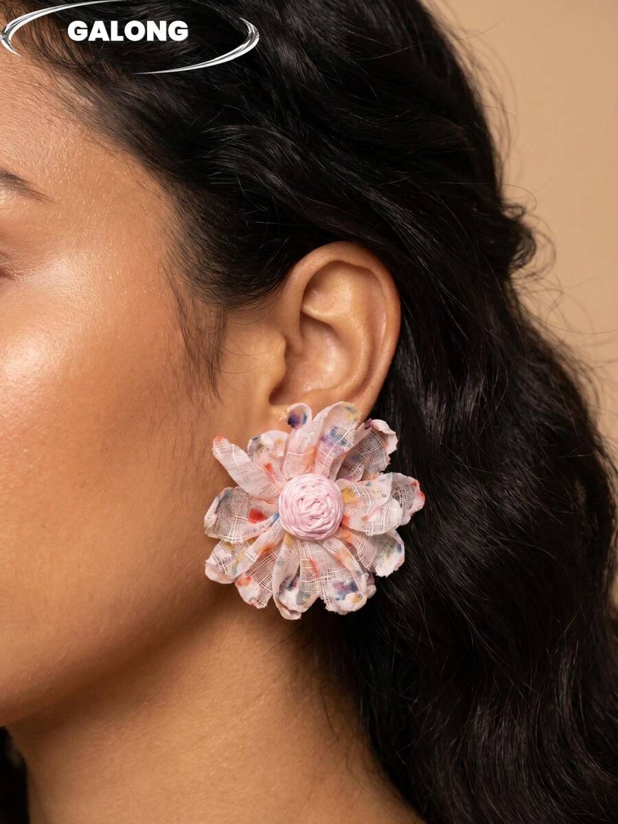 Wear Spring On Your Ears | French Vintage Fabric Flower Stud Earrings, Handmade Distressed Effect, Sweet Vacation Style Photo Prop - Pink - View 1