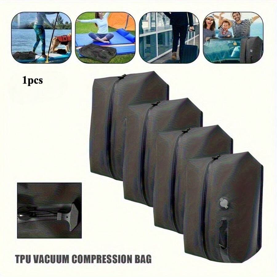 Black TPU Vacuum Compression Bags Reusable Space-Saving Storage Bags Portable Travel Vacuum Organizer 4 Seasons All Weather Use Luggage Compression Sack Camping Clothes Organizer No Pump Needed Zipper Closure