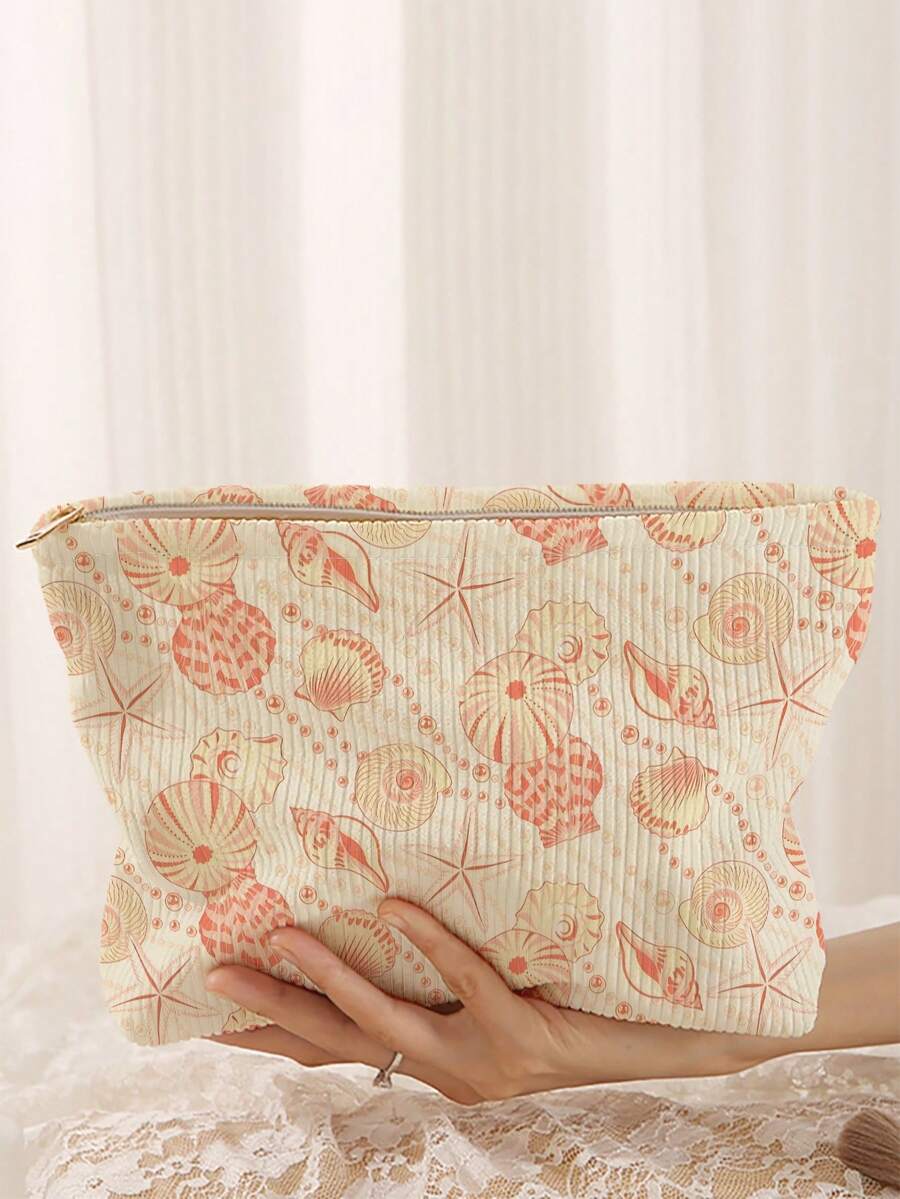 1 pieza Bolsa de almacenamiento de cosméticos portátil Serie Océano Patrón de concha & estrella de mar Impresión de doble cara Bolsa de maquillaje con cremallera para viaje Organizador multifuncional de artículos de tocador - Multicolor - Ver 1