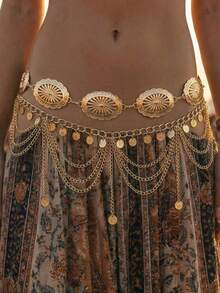 2 pièces Chaîne de taille style bohème vintage à plusieurs couches avec design de pétales de marguerite et pièces d'or, chaîne de taille sexy à franges arabes, convient pour la plage, les vacances, les fêtes, Halloween, le campus d'automne - Doré - Voir 12