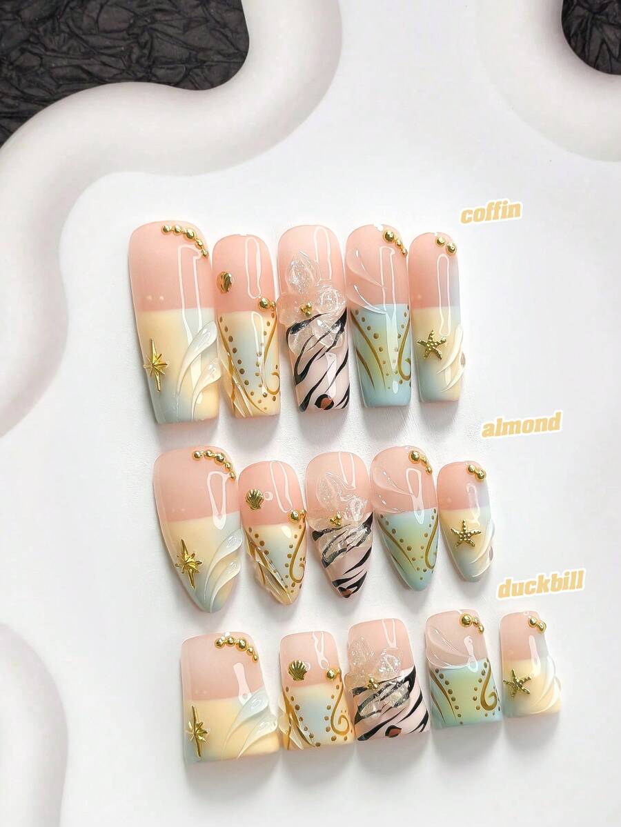 10pcs Island Vacation Style Handmade Press-On Nails, Polygel Nail Art Set, Shell, Starfish, Leopard Print, Floral, Yellow & Black Nail Polish, Sweet & Cool Style, Includes Nail Tools, 3 Sizes Available, Almond, Duck, Coffin Shape, Suitable For Party, Dancing, Daily Wear - 彩色 - 查看 1