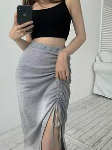 Falda ajustada de cintura alta en negro sólido para mujer, con cordón ajustable, abertura lateral, tela suave, para todas las estaciones, casual, de oficina, formal, elegante y versátil. - Negro - Ver 9